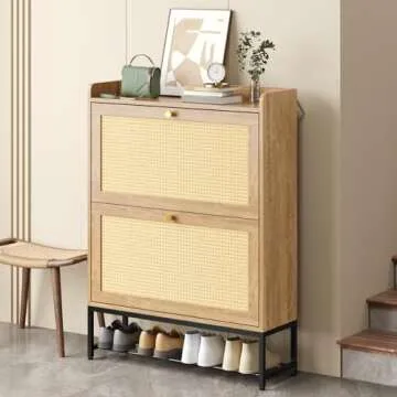 SUPERLELE Rattan Shoe Storage Cabinet, Entryway Slim Shoe Rack with 2 Flip Drawers, Freestanding Organizer for 24-32 Pairs, Oak