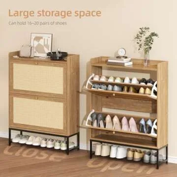 SUPERLELE Rattan Shoe Storage Cabinet, Entryway Slim Shoe Rack with 2 Flip Drawers, Freestanding Organizer for 24-32 Pairs, Oak