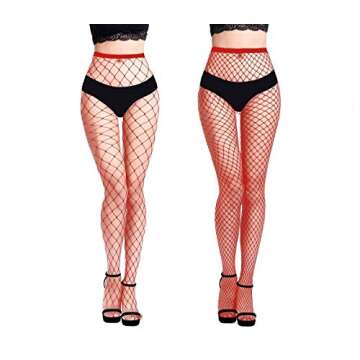 MengPa Women's Fishnets Tights High Waist Stockings Sexy Party Pantyhose 2Pcs (Red-(L&XL Gride)) 2440