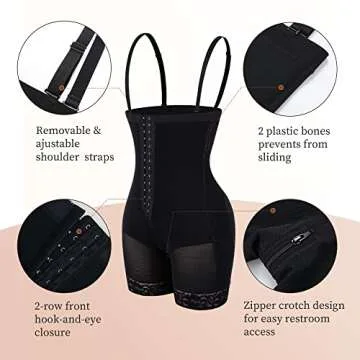 YIANNA Shapewear for Women Tummy Control Fajas Colombianas Body Shaper Butt Lifter Thigh Slimmer with Zipper Crotch,YA7243-Black-M