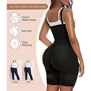 YIANNA Shapewear for Women Tummy Control Fajas Colombianas Body Shaper Butt Lifter Thigh Slimmer with Zipper Crotch,YA7243-Black-M