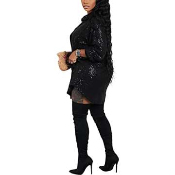 Vakkest Women's Sparkly Sequins Party Dress Long Sleeve Shirt Crew Neck Elegant Loose Cocktail Fashi...