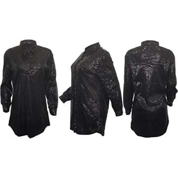 Vakkest Women's Sparkly Sequins Party Dress Long Sleeve Shirt Crew Neck Elegant Loose Cocktail Fashion Dresses Clubwear, Button Black, X-Large