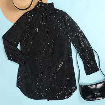 Vakkest Women's Sparkly Sequins Party Dress Long Sleeve Shirt Crew Neck Elegant Loose Cocktail Fashion Dresses Clubwear, Button Black, X-Large