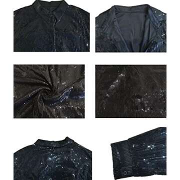 Vakkest Women's Sparkly Sequins Party Dress Long Sleeve Shirt Crew Neck Elegant Loose Cocktail Fashion Dresses Clubwear, Button Black, X-Large
