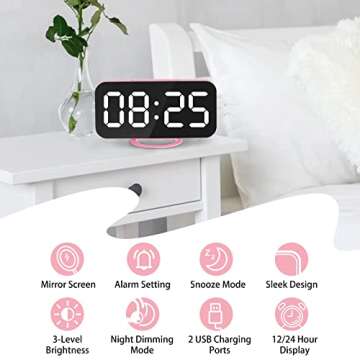Lamisola Pink Digital Alarm Clock for Girls, Large LED Mirror Display,2 USB Charging Ports,Auto Adju...