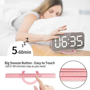 Lamisola Pink Digital Alarm Clock for Girls, Large LED Mirror Display,2 USB Charging Ports,Auto Adjustable Brightness,Aesthetic Modern Clocks for Bedroom Office, Pink