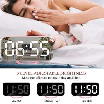 Lamisola Pink Digital Alarm Clock for Girls, Large LED Mirror Display,2 USB Charging Ports,Auto Adjustable Brightness,Aesthetic Modern Clocks for Bedroom Office, Pink