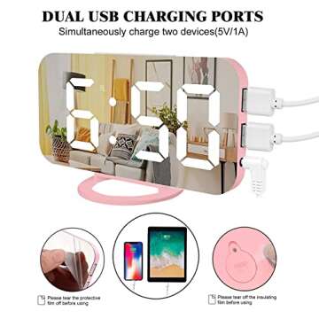 Lamisola Pink Digital Alarm Clock for Girls, Large LED Mirror Display,2 USB Charging Ports,Auto Adjustable Brightness,Aesthetic Modern Clocks for Bedroom Office, Pink