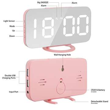 Lamisola Pink Digital Alarm Clock for Girls, Large LED Mirror Display,2 USB Charging Ports,Auto Adjustable Brightness,Aesthetic Modern Clocks for Bedroom Office, Pink