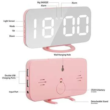 Lamisola Pink Digital Alarm Clock for Girls, Large LED Mirror Display,2 USB Charging Ports,Auto Adjustable Brightness,Aesthetic Modern Clocks for Bedroom Office, Pink