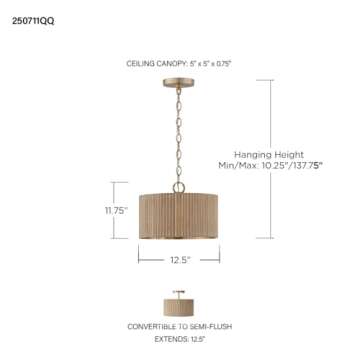 TORBROOK 250711QQ Artisan Handcrafted Mango Wood Convertible Drum Semi-Flush Mount/Pendant Celing Li...