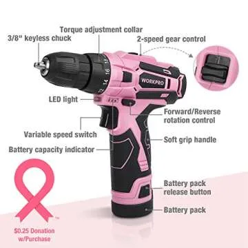 Stylish WORKPRO 12V Pink Cordless Drill Driver & 35-Piece Tool Set