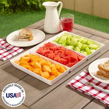 US Acrylic Avant White Plastic Divided Serving Trays (Set of 3) 15” x 10” | Large Reusable 3-Sec...