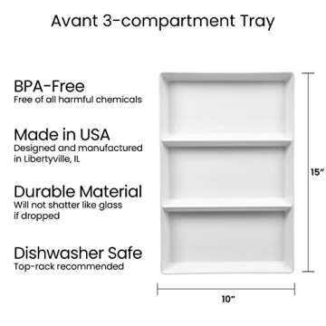 US Acrylic Avant White Plastic Divided Serving Trays (Set of 3) 15” x 10” | Large Reusable 3-Section Party Platters | Serve Appetizers, Fruit, Veggies, & Desserts | BPA-Free & Made in USA