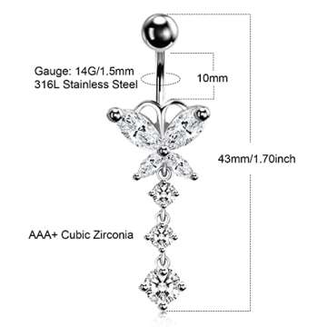 UHIBROS Dangle Belly Button Rings 316L Surgical Steel Belly Rings,14G Butterfly Belly Button Ring Dangling CZ Belly Piercing Jewelry for Women