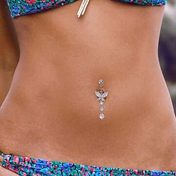 UHIBROS Dangle Belly Button Rings 316L Surgical Steel Belly Rings,14G Butterfly Belly Button Ring Dangling CZ Belly Piercing Jewelry for Women
