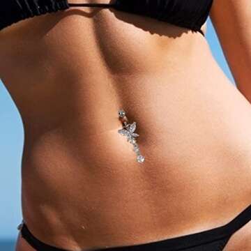 UHIBROS Dangle Belly Button Rings 316L Surgical Steel Belly Rings,14G Butterfly Belly Button Ring Dangling CZ Belly Piercing Jewelry for Women