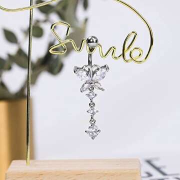 UHIBROS Dangle Belly Button Rings 316L Surgical Steel Belly Rings,14G Butterfly Belly Button Ring Dangling CZ Belly Piercing Jewelry for Women