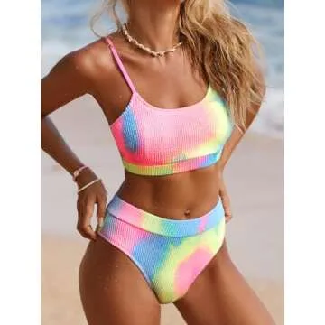 CUPSHE Women's Bikini Set Two Piece Swimsuits High Waisted Scoop Neck Spaghetti Adjustable Straps Textured,L