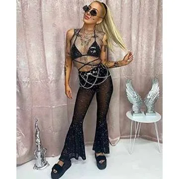 Rave Women's Festival Dance Bell Bottom Mesh Pants