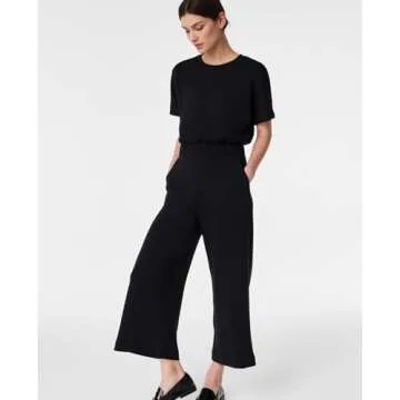 Yioaga Jumpsuits for Women Casual Short Sleeve Cropped Wide Leg Pants Summer Loose One Piece Romper Jumpers Outfits(Black,M)