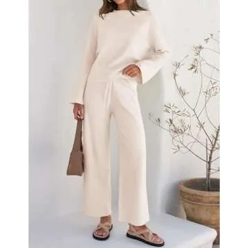 ZESICA Women's 2 Piece Outfits Set Casual Long Sleeve Knit Pullover Top and Wide Leg Pants Sweatsuit Lounge Sets