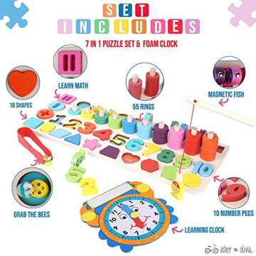 Wooden Montessori 7 - 1 Puzzle Set–Shape Sorter Counting Game, Preschool Education Math Stacking B...