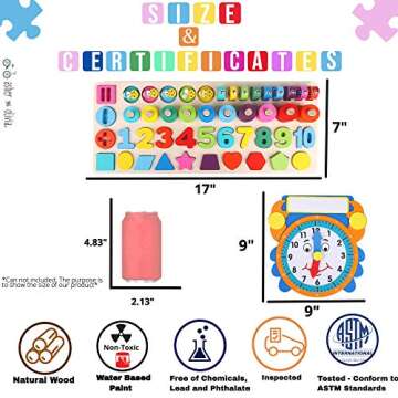 Wooden Montessori 7 - 1 Puzzle Set–Shape Sorter Counting Game, Preschool Education Math Stacking Block Learning Wood Math, Number, Shape, Picking, Stacking, Counting, Fishing Set with Learning Clock
