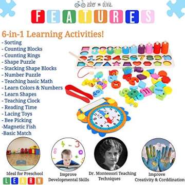 Wooden Montessori 7 - 1 Puzzle Set–Shape Sorter Counting Game, Preschool Education Math Stacking Block Learning Wood Math, Number, Shape, Picking, Stacking, Counting, Fishing Set with Learning Clock