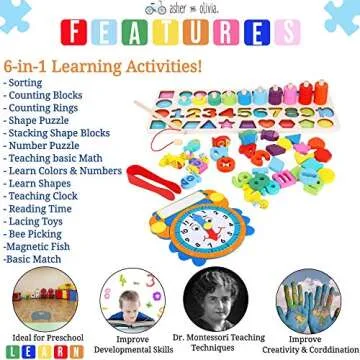 Wooden Montessori 7 - 1 Puzzle Set–Shape Sorter Counting Game, Preschool Education Math Stacking Block Learning Wood Math, Number, Shape, Picking, Stacking, Counting, Fishing Set with Learning Clock