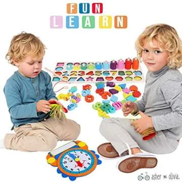 Wooden Montessori 7 - 1 Puzzle Set–Shape Sorter Counting Game, Preschool Education Math Stacking Block Learning Wood Math, Number, Shape, Picking, Stacking, Counting, Fishing Set with Learning Clock