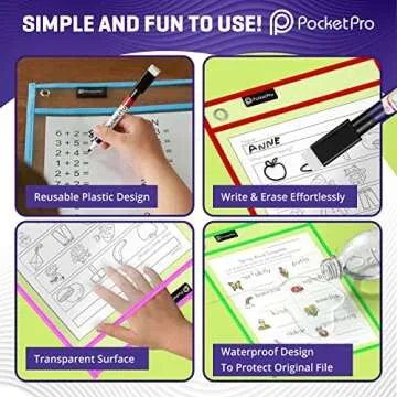 Pocket Pro - Dry Erase Pocket Sleeves - Plastic Paper Sleeves (Pack of 6) Colorful Clear Plastic Sleeves for Teachers & Kids - Save Repetitive Printing with 14x10 inch Dry Erase Sleeves