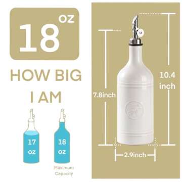 MIKIGEY 18 oz Ceramic Olive Oil Bottle Dispenser for Kitchen, Large Capacity Oli and Vinegar Cruet with Stainless Steel Spout, Oil Container, Pack of 1, Off-White
