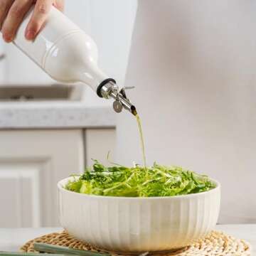 MIKIGEY 18 oz Ceramic Olive Oil Bottle Dispenser for Kitchen, Large Capacity Oli and Vinegar Cruet with Stainless Steel Spout, Oil Container, Pack of 1, Off-White