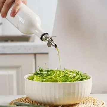 MIKIGEY 18 oz Ceramic Olive Oil Bottle Dispenser for Kitchen, Large Capacity Oli and Vinegar Cruet with Stainless Steel Spout, Oil Container, Pack of 1, Off-White