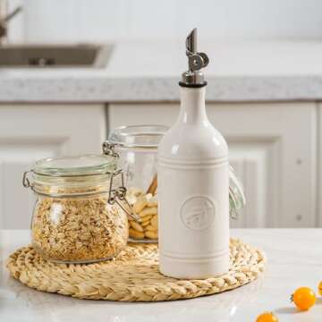 MIKIGEY 18 oz Ceramic Olive Oil Bottle Dispenser for Kitchen, Large Capacity Oli and Vinegar Cruet with Stainless Steel Spout, Oil Container, Pack of 1, Off-White