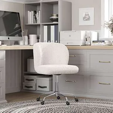 BELLEZE Modern Upholstered Boucle Desk Chair with Swivel Wheels and Adjustable Height, Decorative Rolling Office or Vanity, Stylish Comfy - Aston (White)