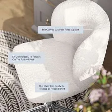 BELLEZE Modern Upholstered Boucle Desk Chair with Swivel Wheels and Adjustable Height, Decorative Rolling Office or Vanity, Stylish Comfy - Aston (White)