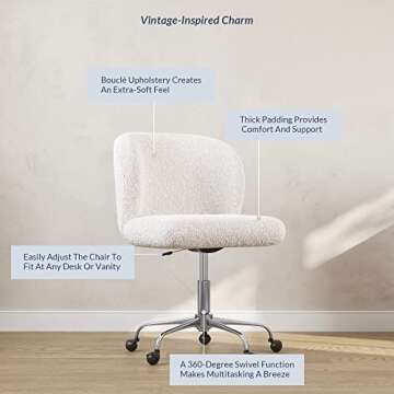 BELLEZE Modern Upholstered Boucle Desk Chair with Swivel Wheels and Adjustable Height, Decorative Rolling Office or Vanity, Stylish Comfy - Aston (White)