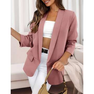 PRETTYGARDEN Womens Casual Blazers Long Sleeve Lapel Open Front Work Blazer Jackets with Pockets (Pink,Medium)