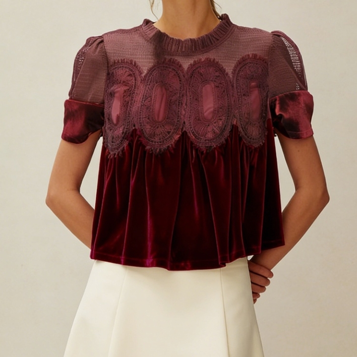 Yeokou Women's Velvet Blouse Top Short Sleeve