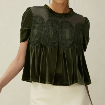 Yeokou Women's Velvet Blouse Top Short Sleeve