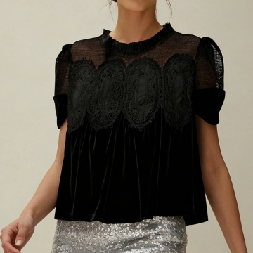 Yeokou Women's Velvet Blouse Top Short Sleeve