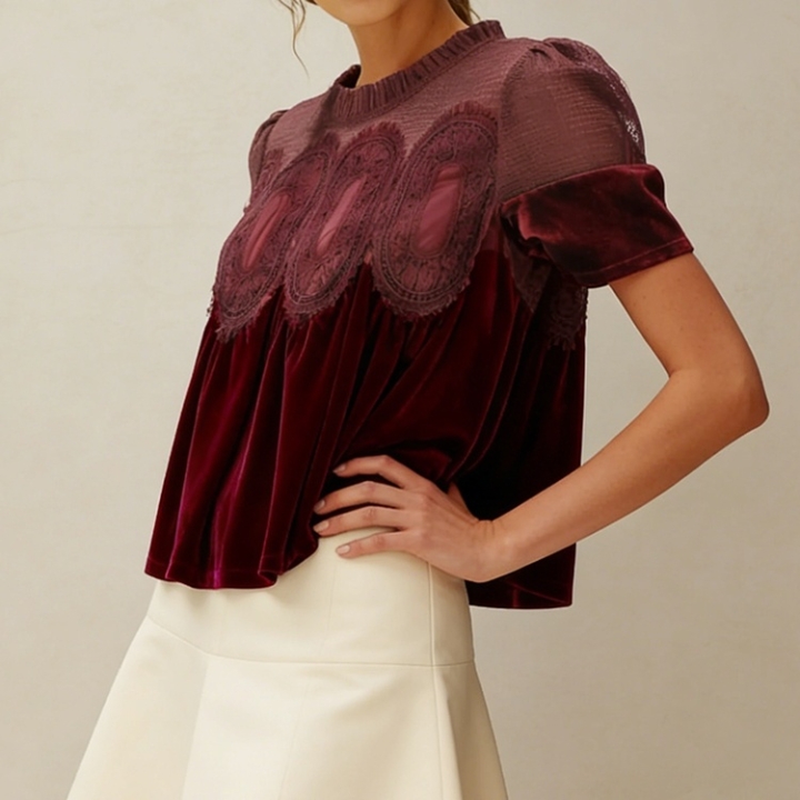 Yeokou Women's Velvet Blouse Top Short Sleeve