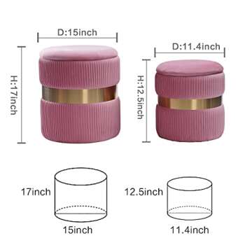 m-kaka Round Storage Velvet Ottoman (2022 Foot Rest Stool Upholstered Footstool Table Seat Make Up Golden Stainless Steel Band, Pack of 2 (Pink)