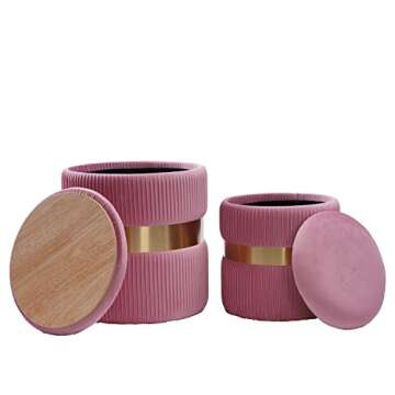 m-kaka Round Storage Velvet Ottoman (2022 Foot Rest Stool Upholstered Footstool Table Seat Make Up Golden Stainless Steel Band, Pack of 2 (Pink)