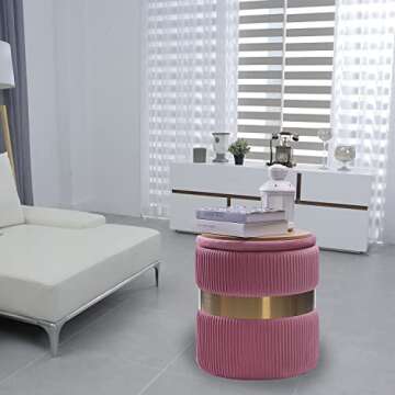 m-kaka Round Storage Velvet Ottoman (2022 Foot Rest Stool Upholstered Footstool Table Seat Make Up Golden Stainless Steel Band, Pack of 2 (Pink)