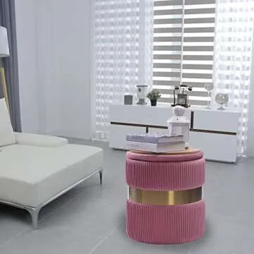 m-kaka Round Storage Velvet Ottoman (2022 Foot Rest Stool Upholstered Footstool Table Seat Make Up Golden Stainless Steel Band, Pack of 2 (Pink)