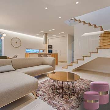 m-kaka Round Storage Velvet Ottoman (2022 Foot Rest Stool Upholstered Footstool Table Seat Make Up Golden Stainless Steel Band, Pack of 2 (Pink)